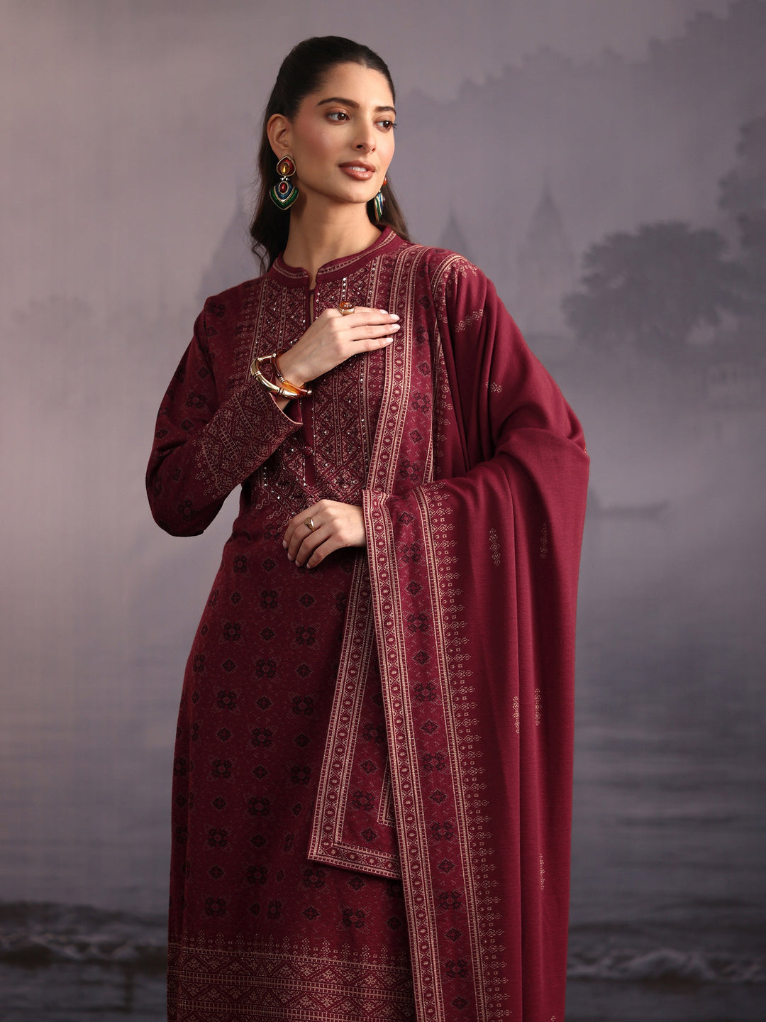  Libas Maroon Ethnic Woven Design Woolen Straight Suit Set 