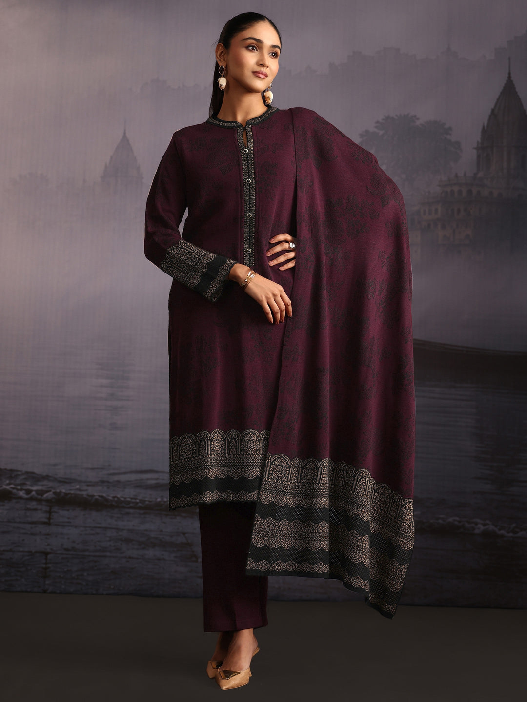  Libas Burgundy Floral Woven Design Woolen Straight Suit Set 