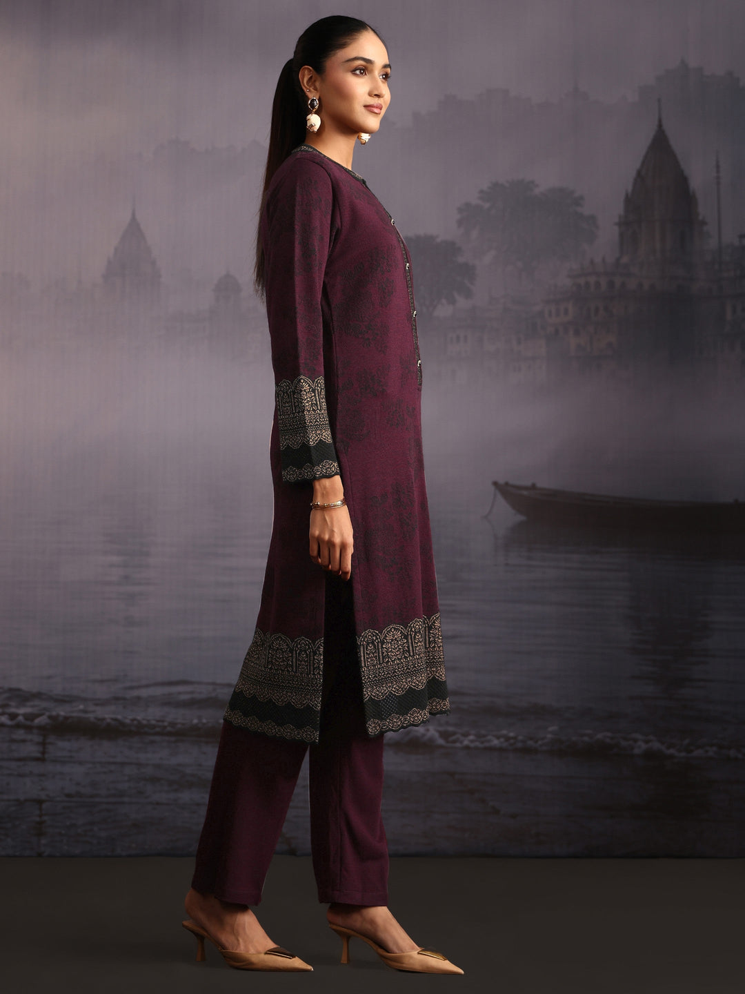  Libas Burgundy Floral Woven Design Woolen Straight Suit Set 