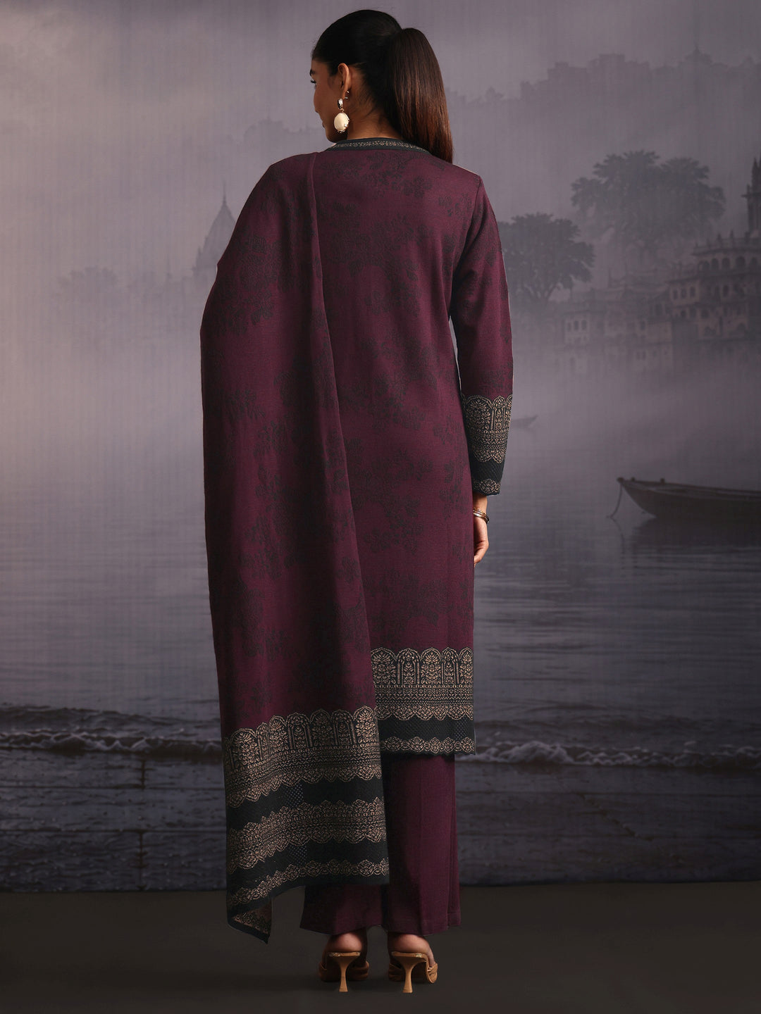  Libas Burgundy Floral Woven Design Woolen Straight Suit Set 