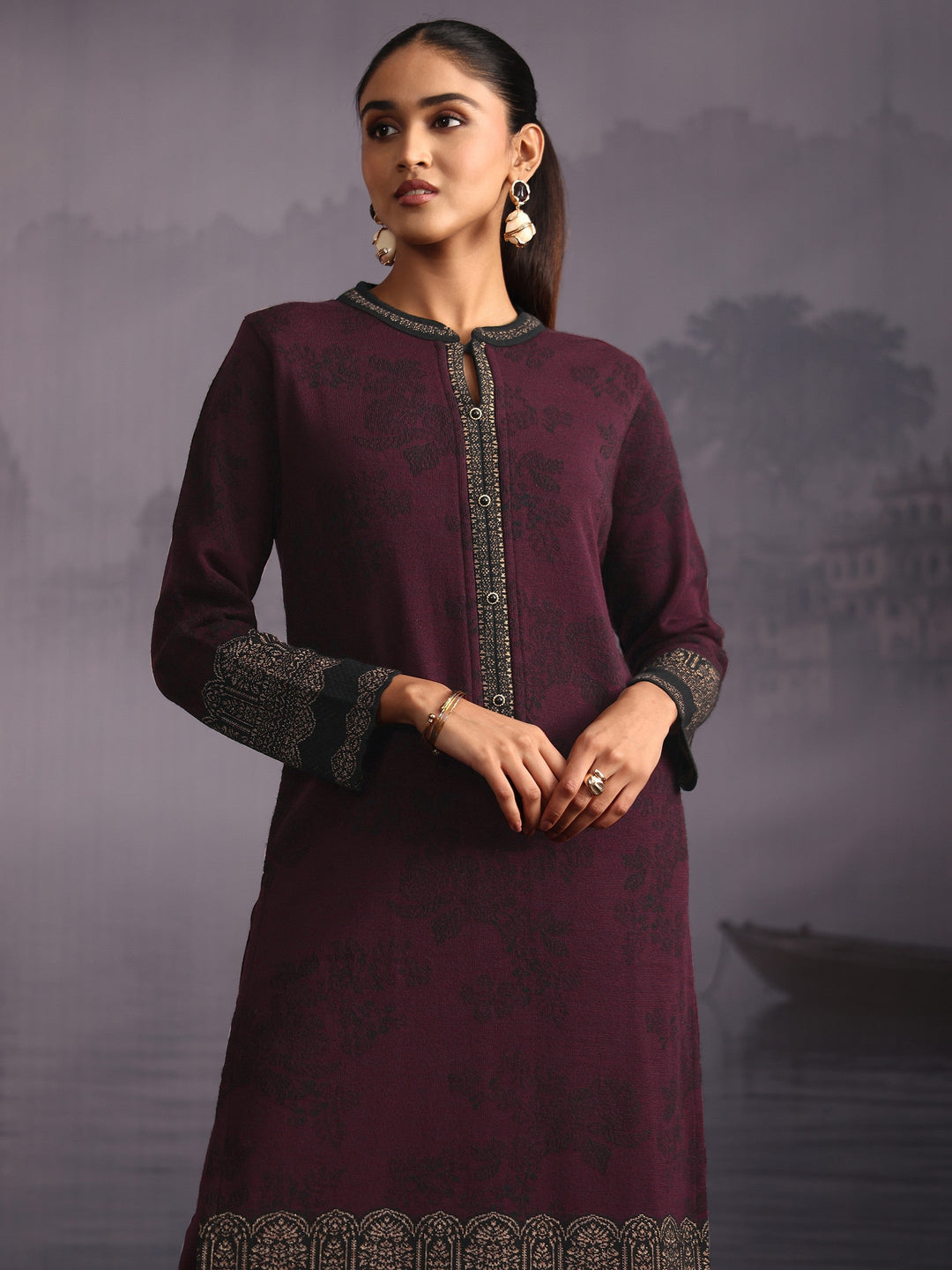  Libas Burgundy Floral Woven Design Woolen Straight Suit Set 