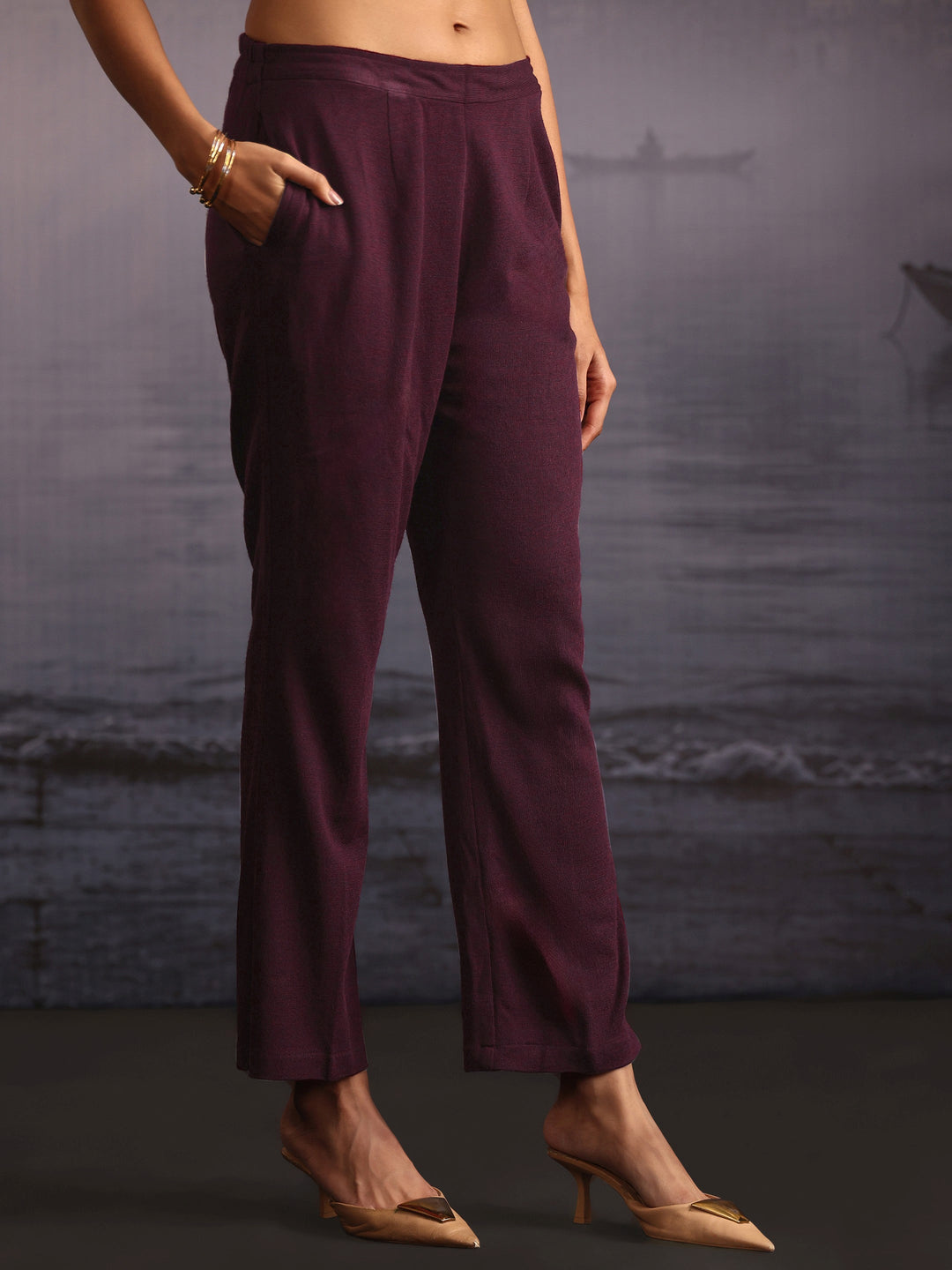  Libas Burgundy Floral Woven Design Woolen Straight Suit Set 