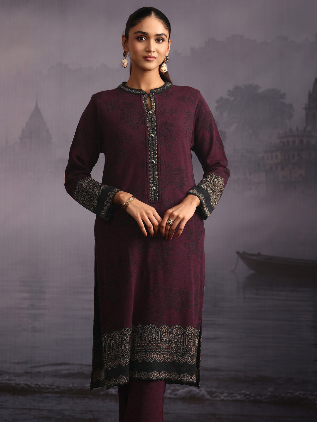  Libas Burgundy Floral Woven Design Woolen Straight Suit Set 