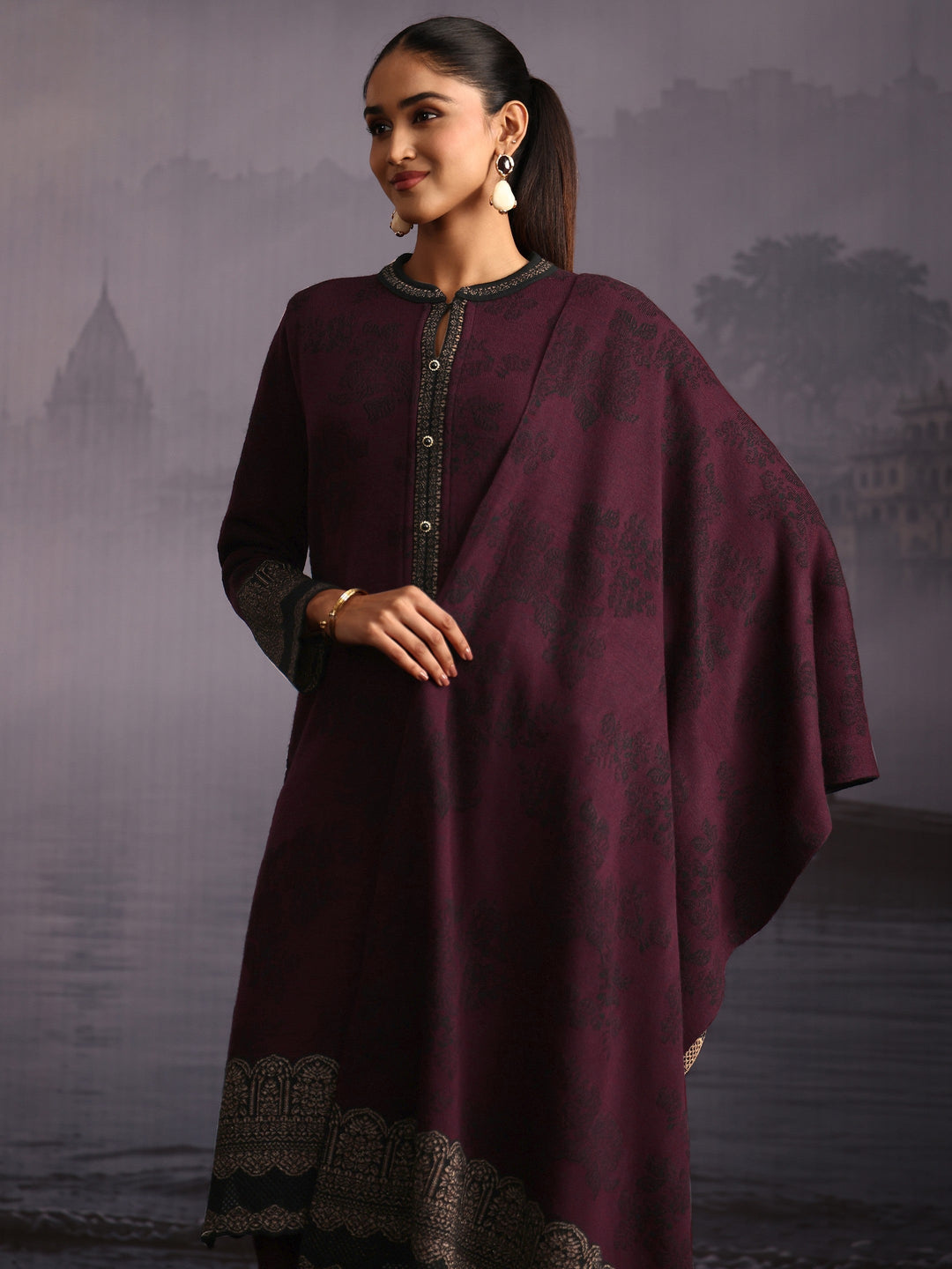  Libas Burgundy Floral Woven Design Woolen Straight Suit Set 