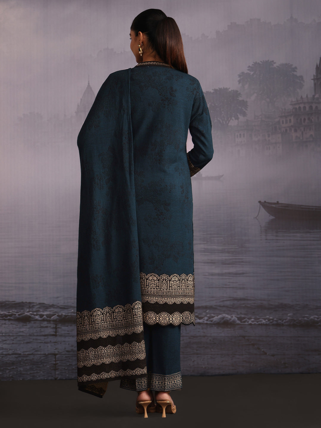  Libas Deep Teal Blue Floral Woven Design Woolen Straight Suit Set 