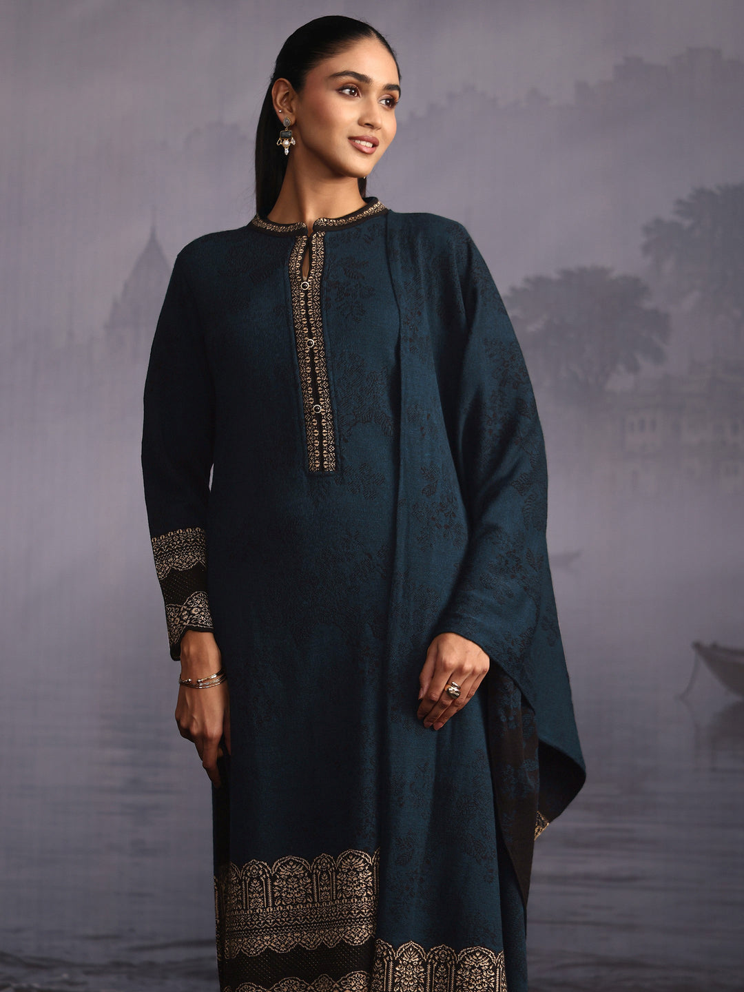  Libas Deep Teal Blue Floral Woven Design Woolen Straight Suit Set 