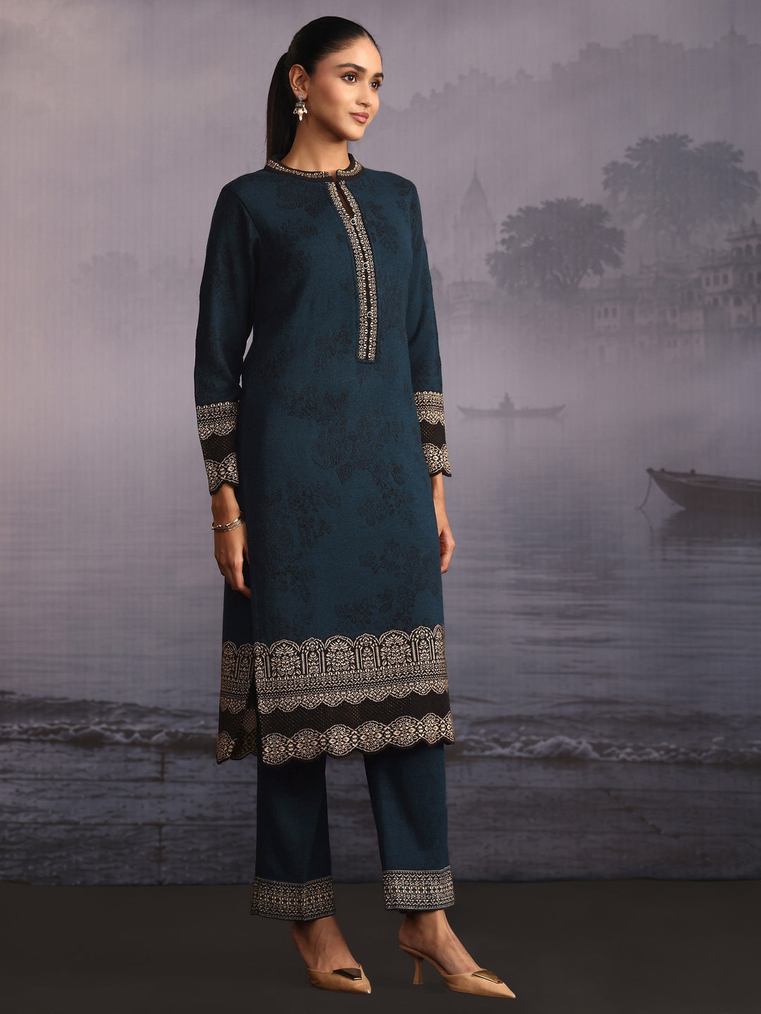  Libas Deep Teal Blue Floral Woven Design Woolen Straight Suit Set 