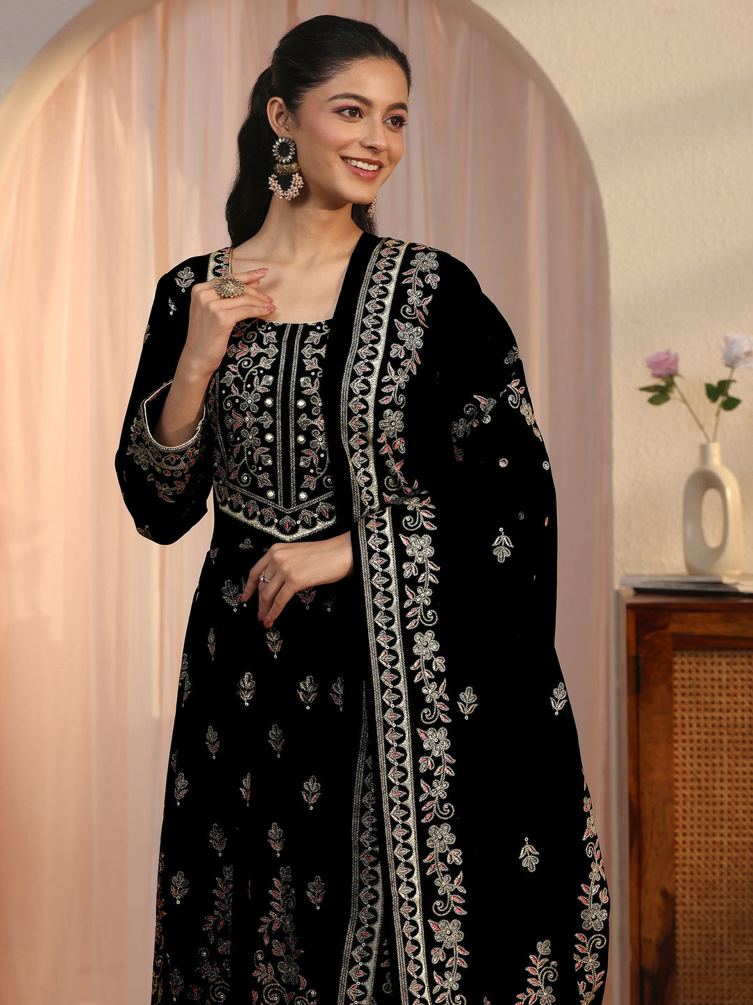  Libas Art Black Floral Embroidered Velvet Anarkali Suit Set 
