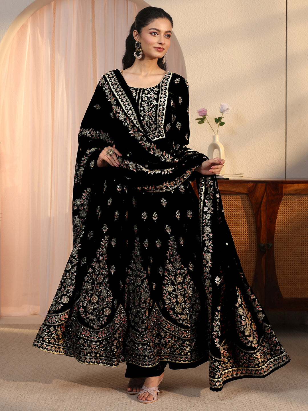  Libas Art Black Floral Embroidered Velvet Anarkali Suit Set 