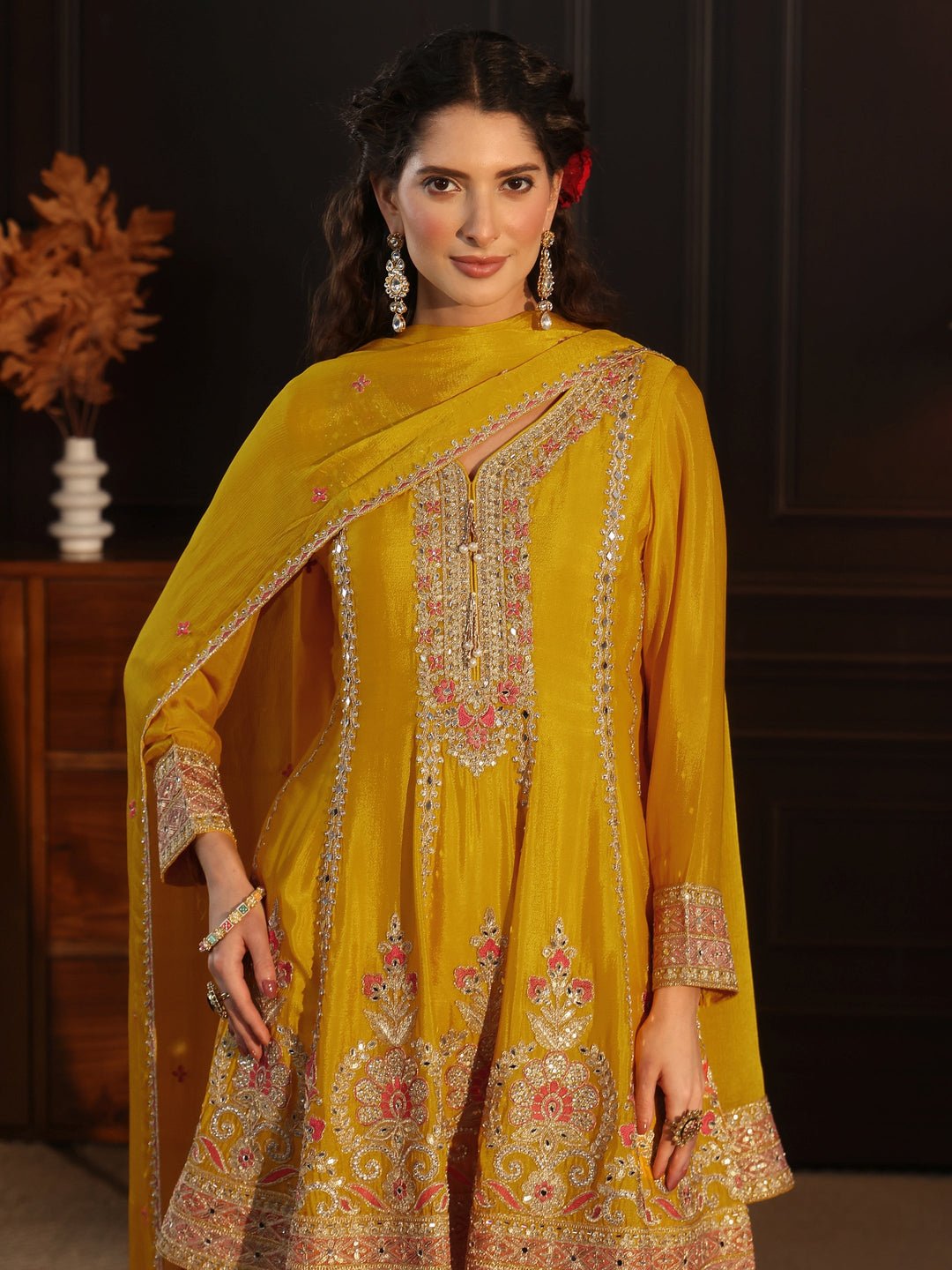  Libas Yellow Floral Embellished Chinon Palazzo Suit Set 