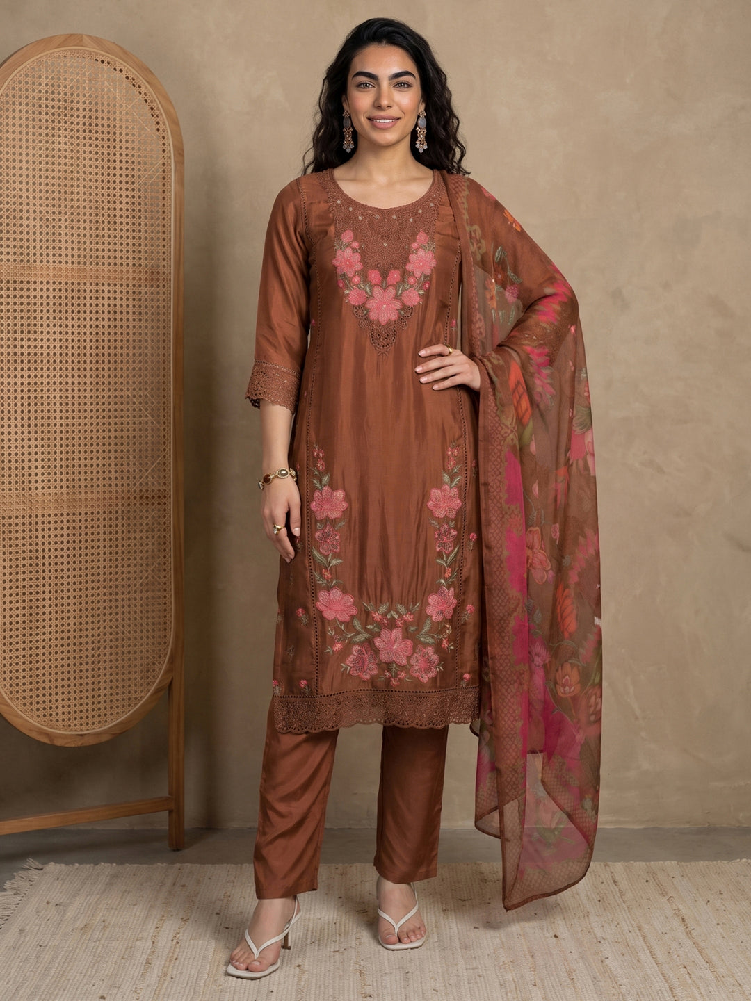  Libas Brown Floral Embroidered Organza Straight Suit Set 