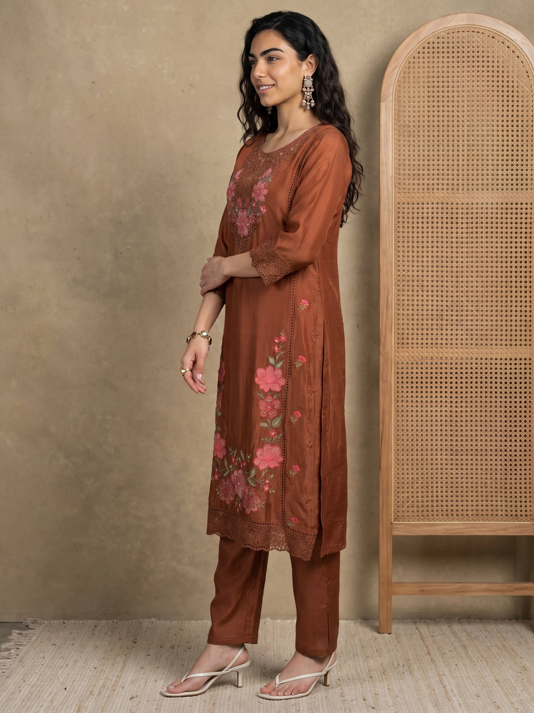  Libas Brown Floral Embroidered Organza Straight Suit Set 