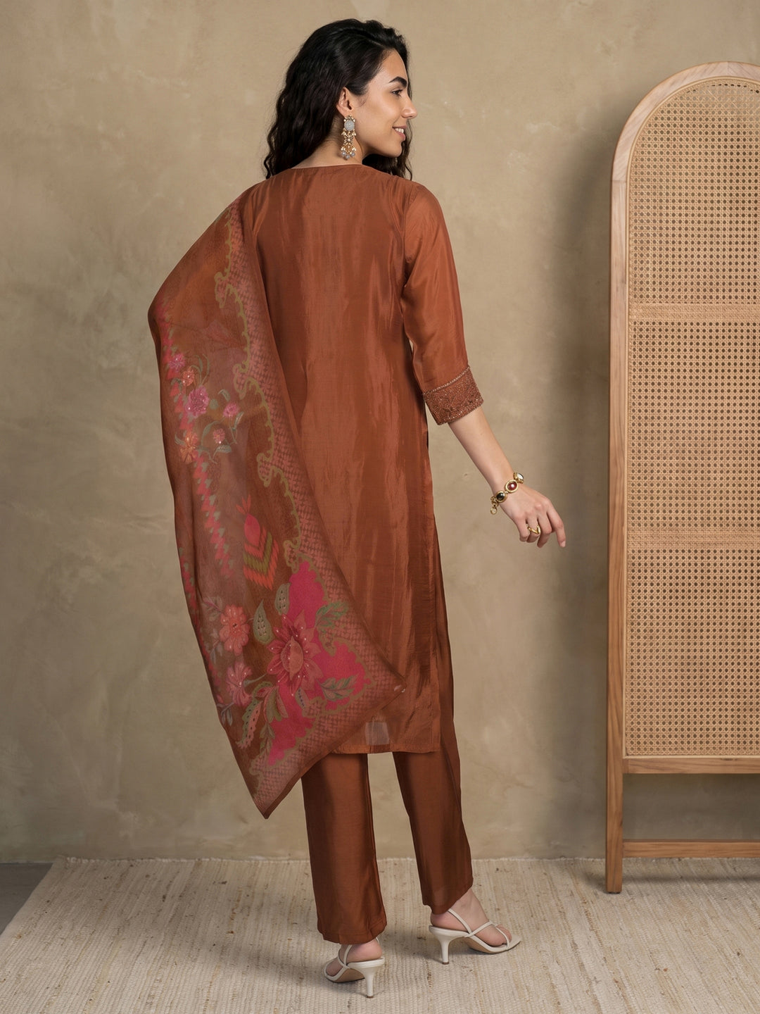  Libas Brown Floral Embroidered Organza Straight Suit Set 