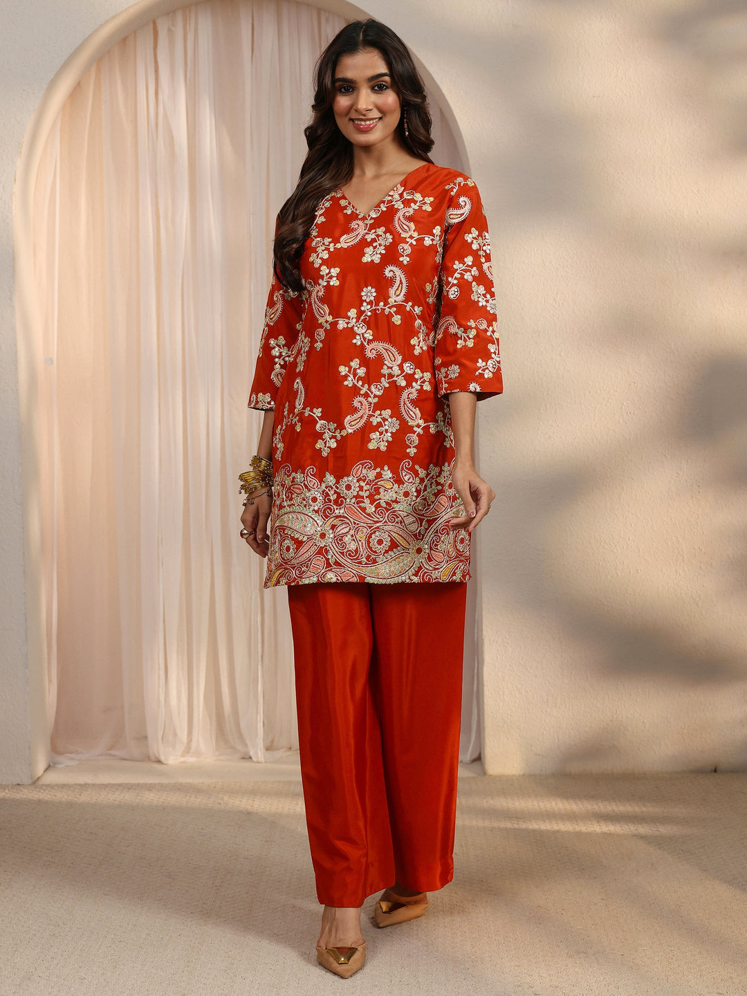  Libas Red Paisley Embroidered Silk Blend Co-Ord Set 
