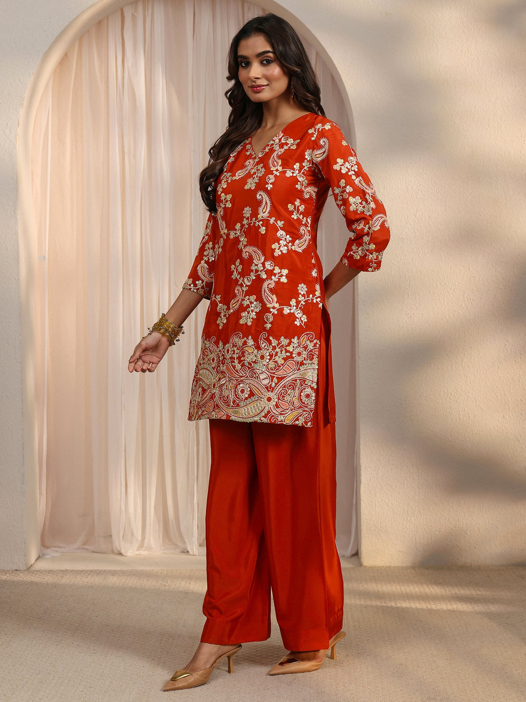 Libas Red Paisley Embroidered Silk Blend Co-Ord Set 