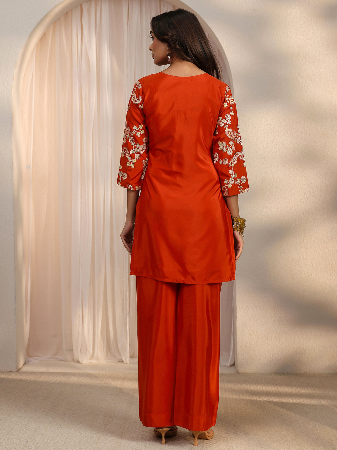  Libas Red Paisley Embroidered Silk Blend Co-Ord Set 
