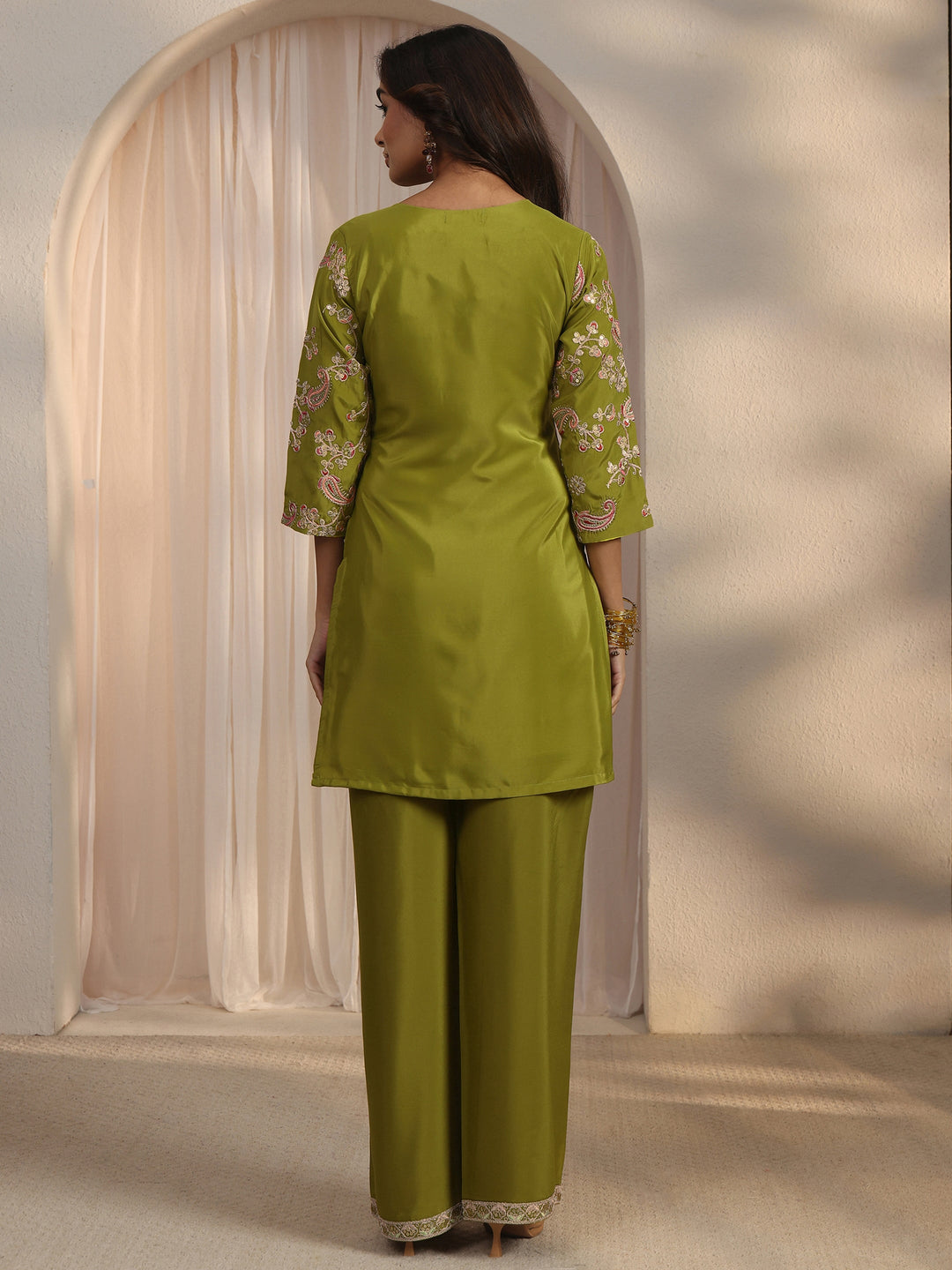  Libas Green Paisley Embroidered Silk Blend Co-Ord Set 
