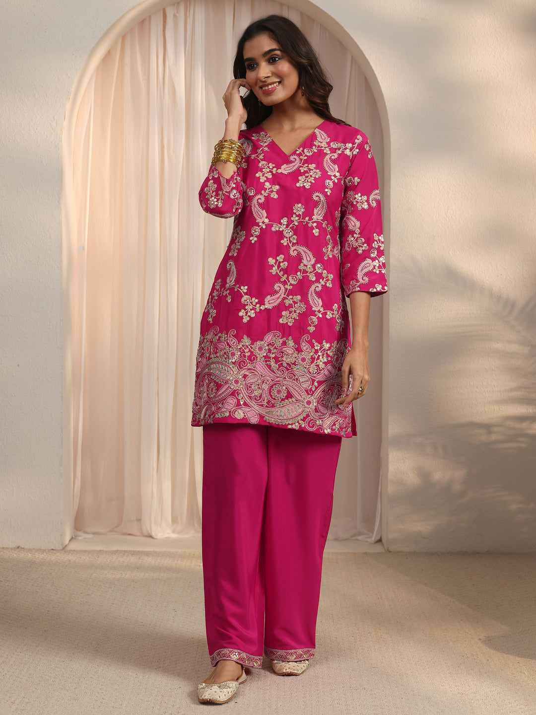  Libas Pink Paisley Embroidered Silk Blend Co-Ord Set 