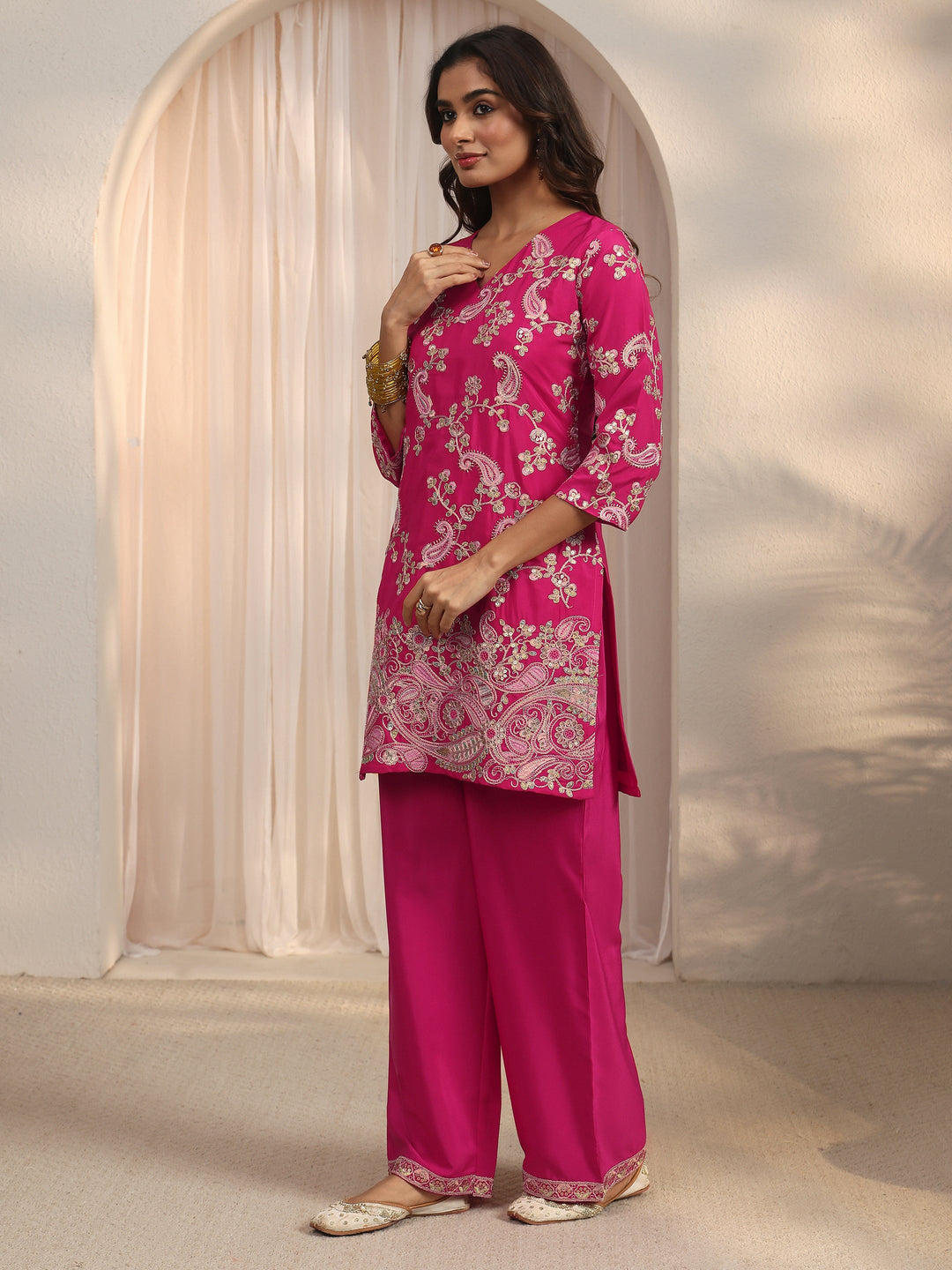  Libas Pink Paisley Embroidered Silk Blend Co-Ord Set 