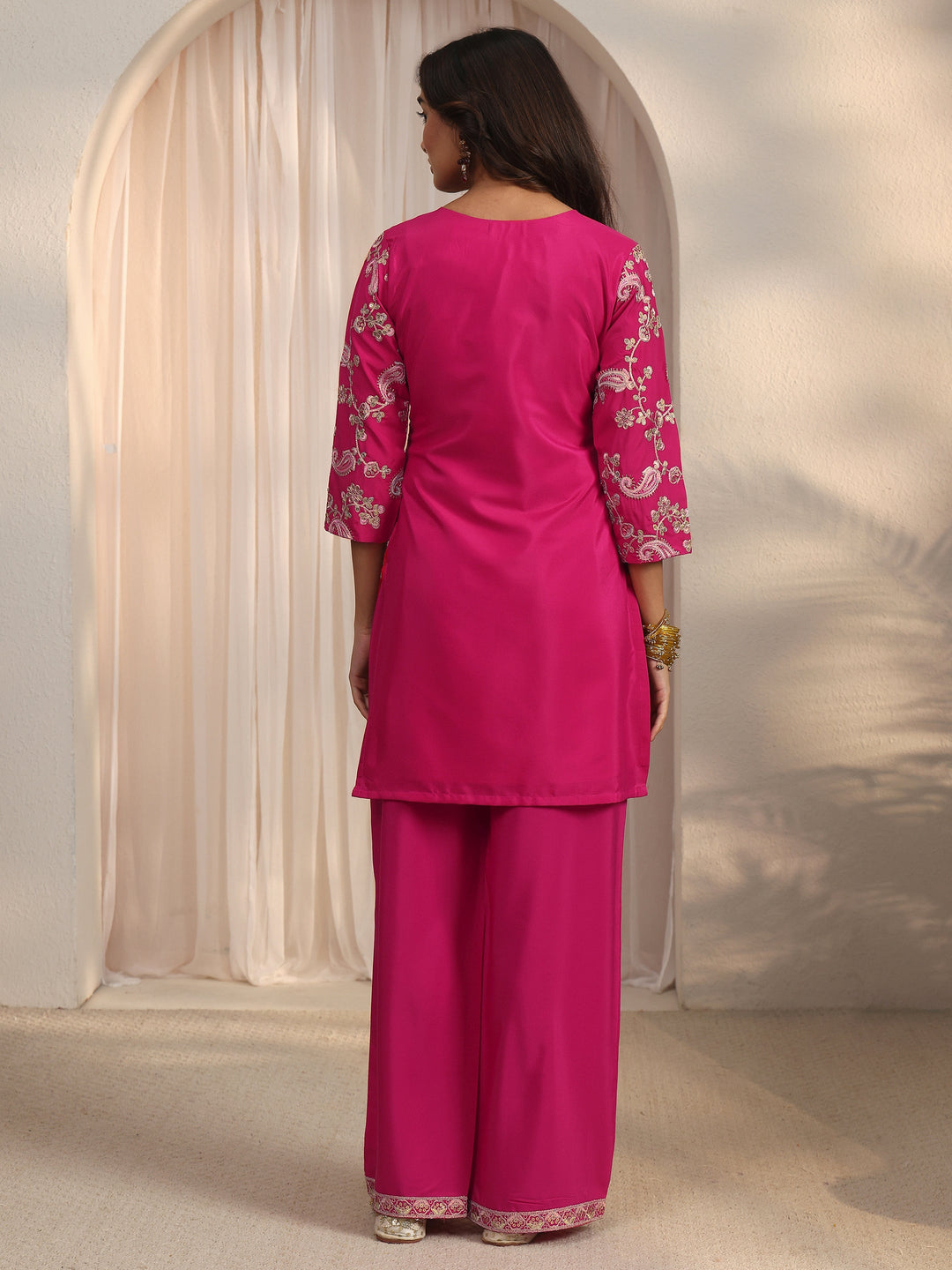  Libas Pink Paisley Embroidered Silk Blend Co-Ord Set 