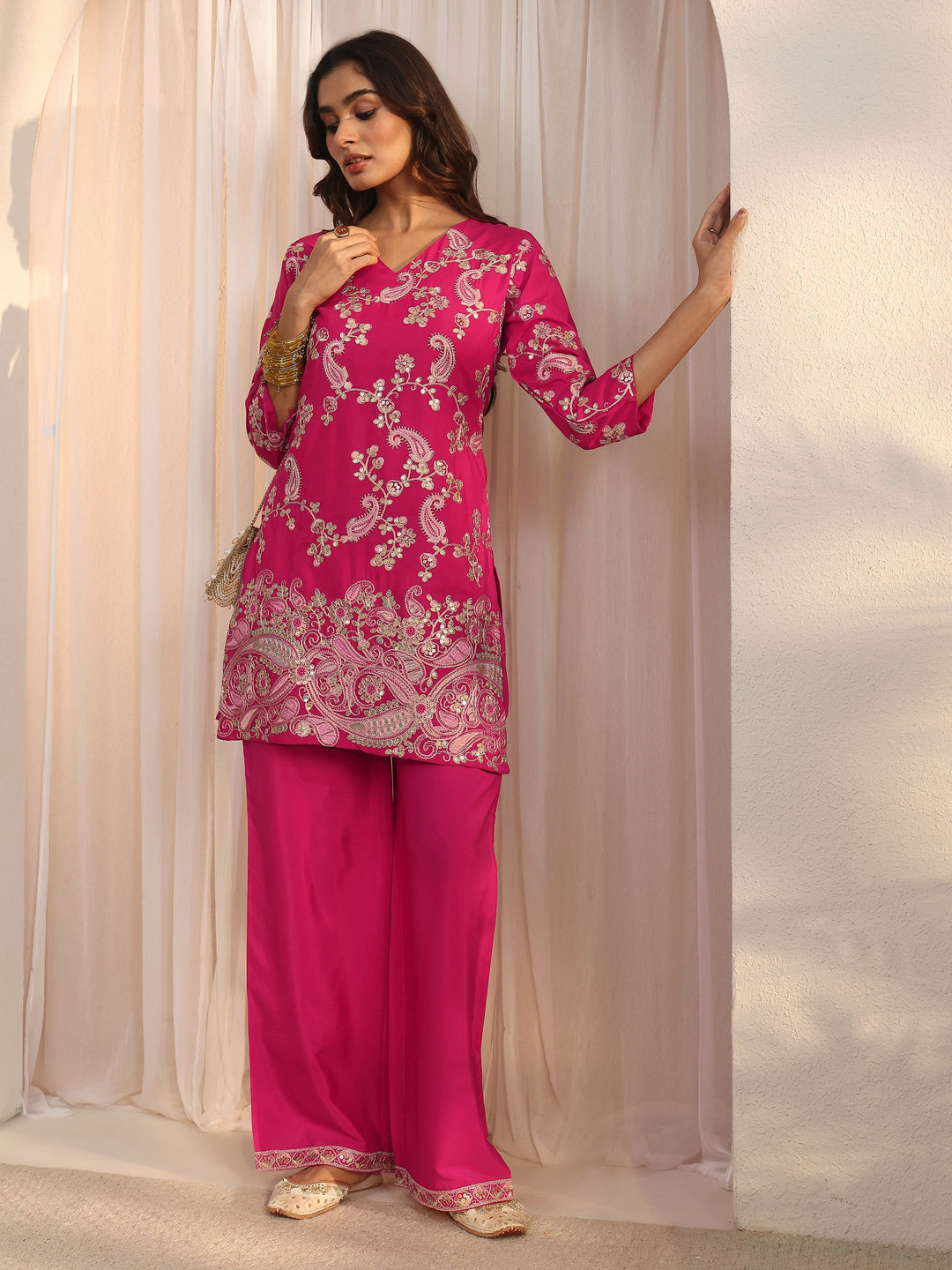  Libas Pink Paisley Embroidered Silk Blend Co-Ord Set 