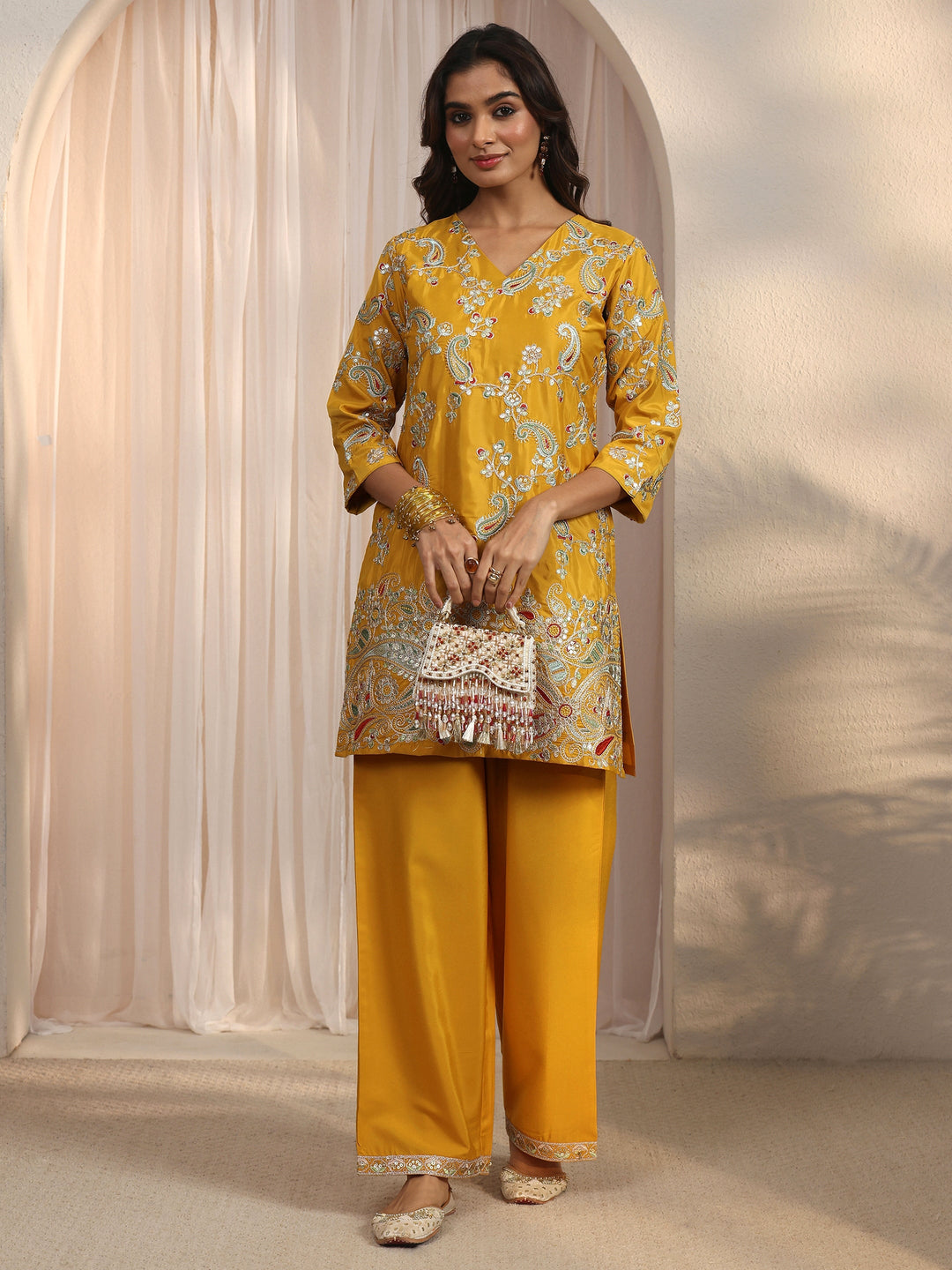  Libas Yellow Paisley Embroidered Silk Blend Co-Ord Set 