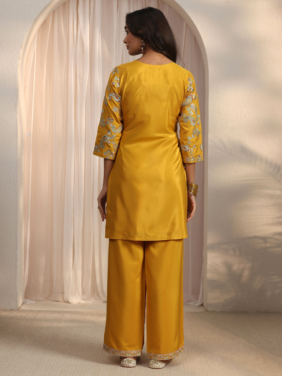  Libas Yellow Paisley Embroidered Silk Blend Co-Ord Set 