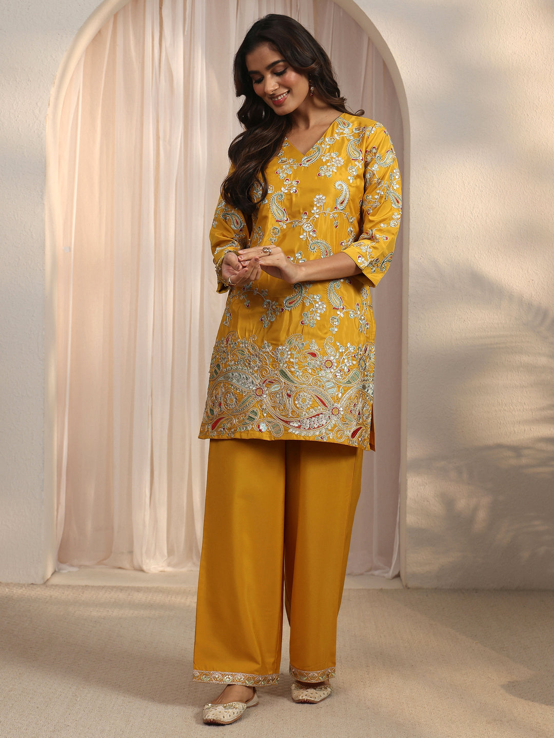  Libas Yellow Paisley Embroidered Silk Blend Co-Ord Set 