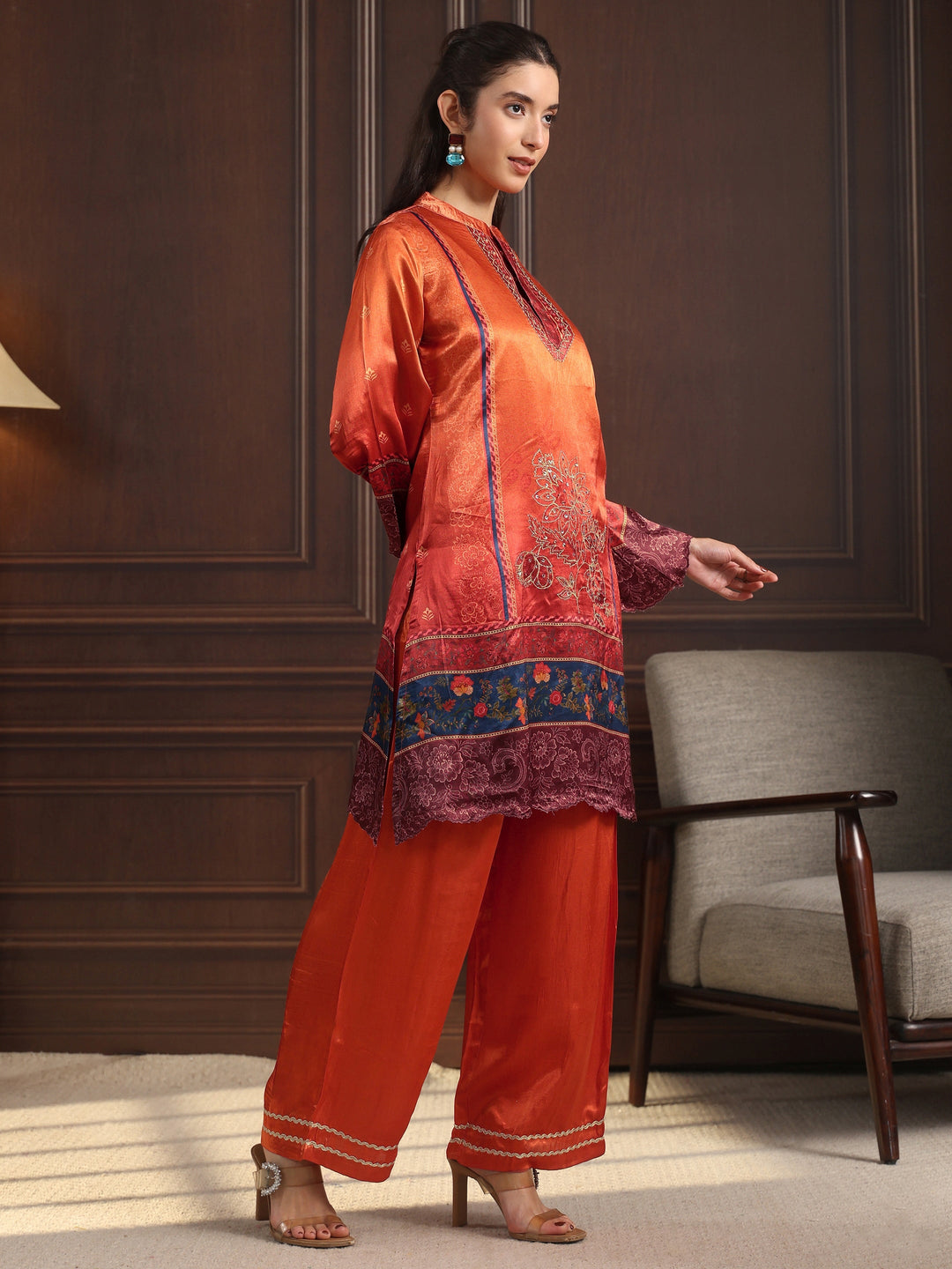  Libas Rust Orange Printed Silk Blend Straight Suit Set 