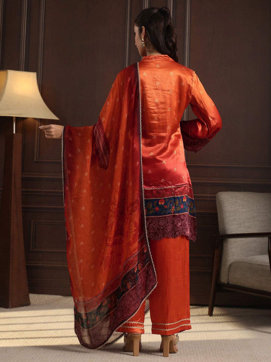  Libas Rust Orange Printed Silk Blend Straight Suit Set 