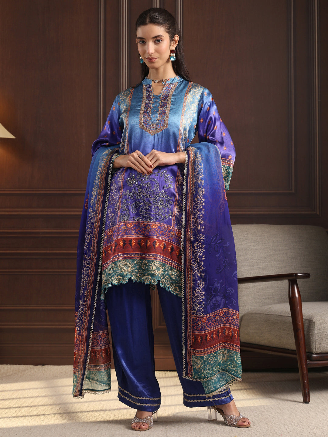  Libas Blue Embroidered Crepe High Low Suit Set 