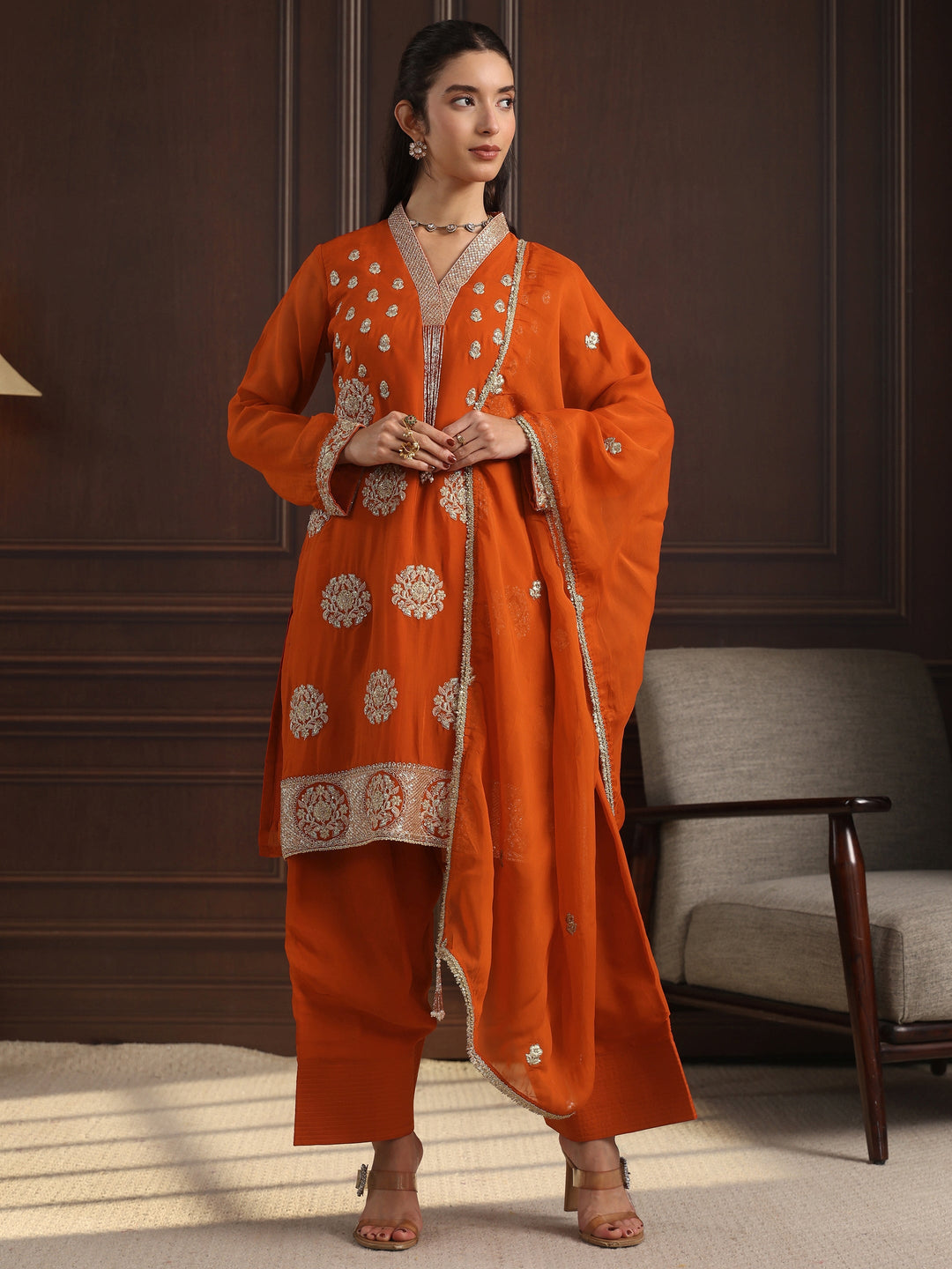  Libas Art Orange Embroidered Organza Straight Kurta Set 