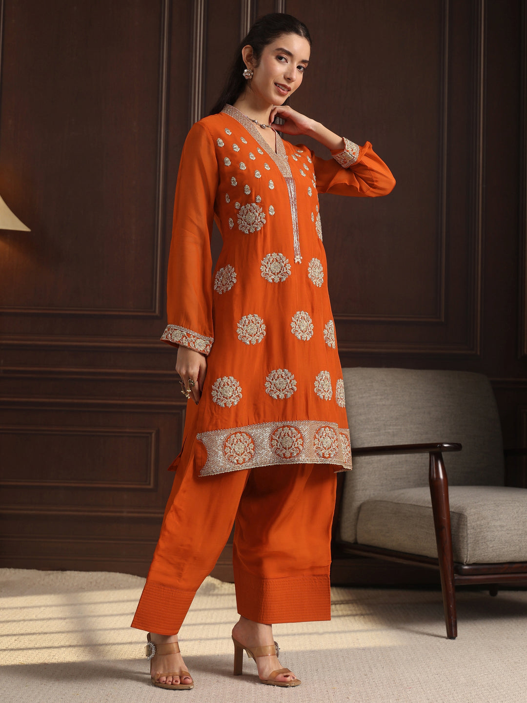  Libas Art Orange Embroidered Organza Straight Kurta Set 