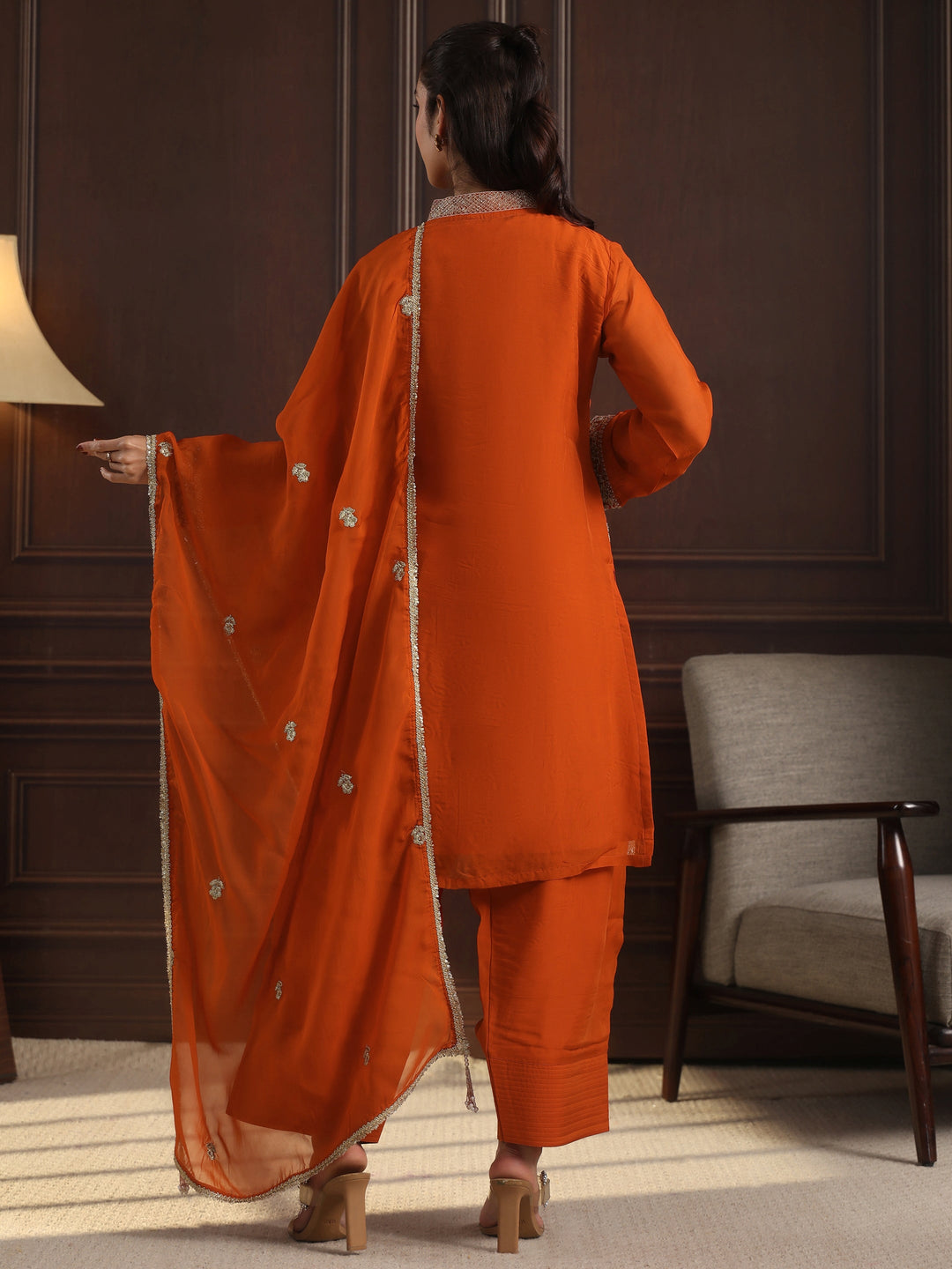  Libas Art Orange Embroidered Organza Straight Kurta Set 