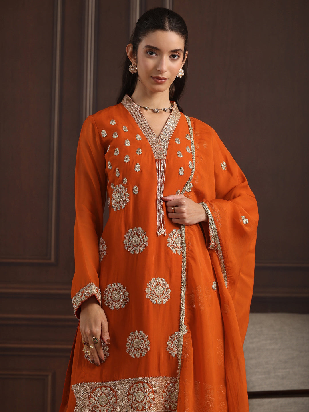  Libas Art Orange Embroidered Organza Straight Kurta Set 