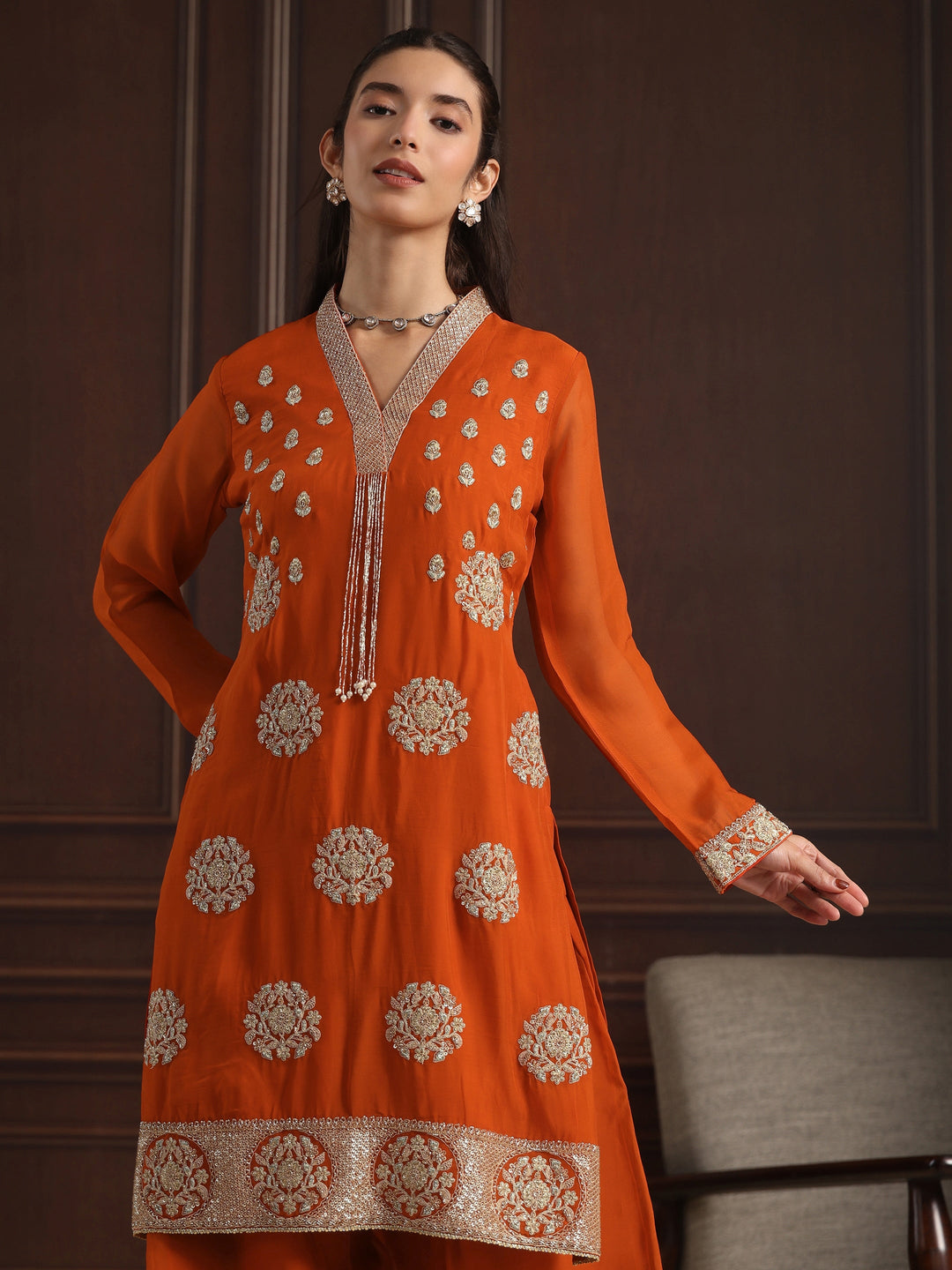  Libas Art Orange Embroidered Organza Straight Kurta Set 