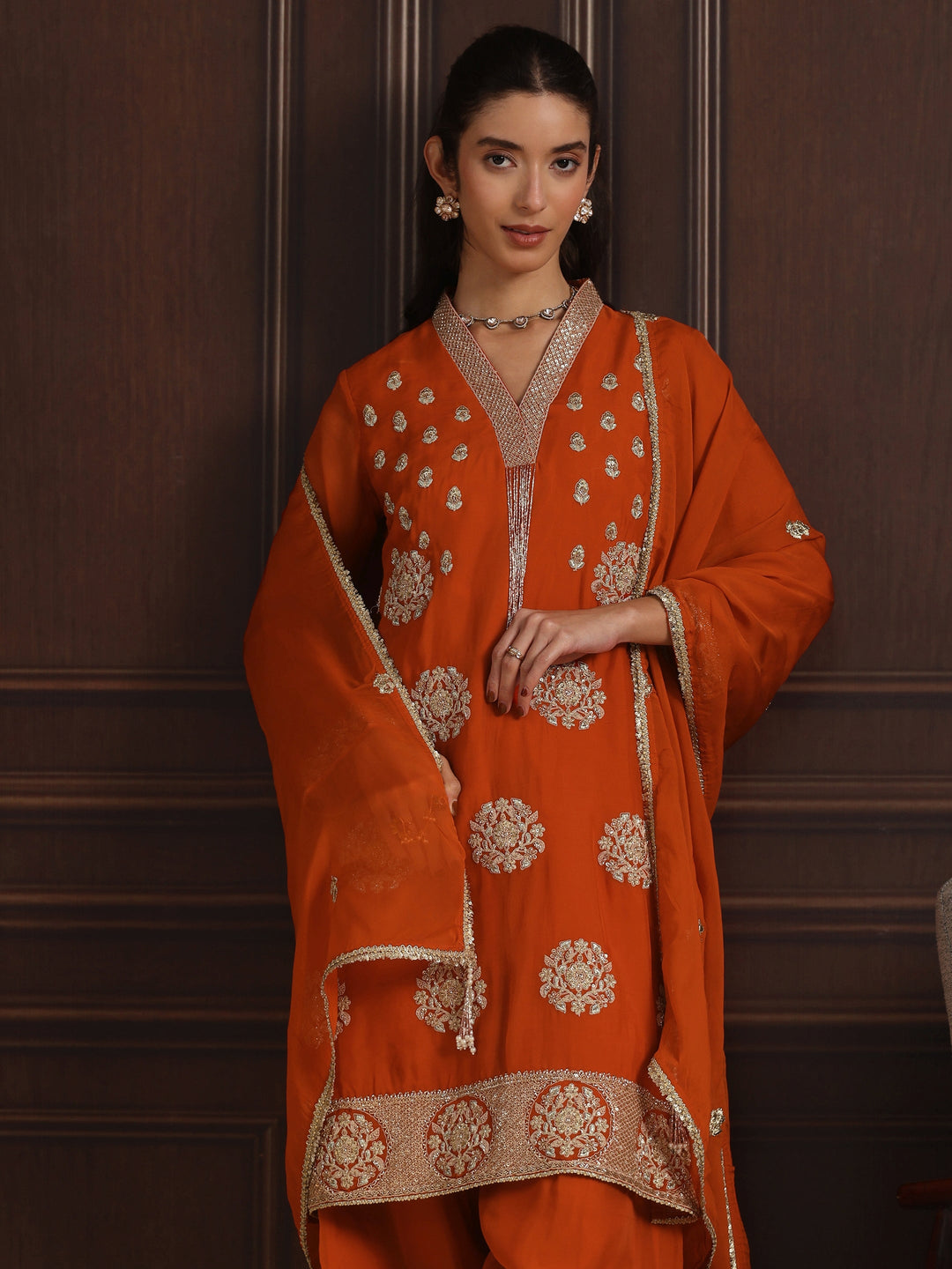  Libas Art Orange Embroidered Organza Straight Kurta Set 