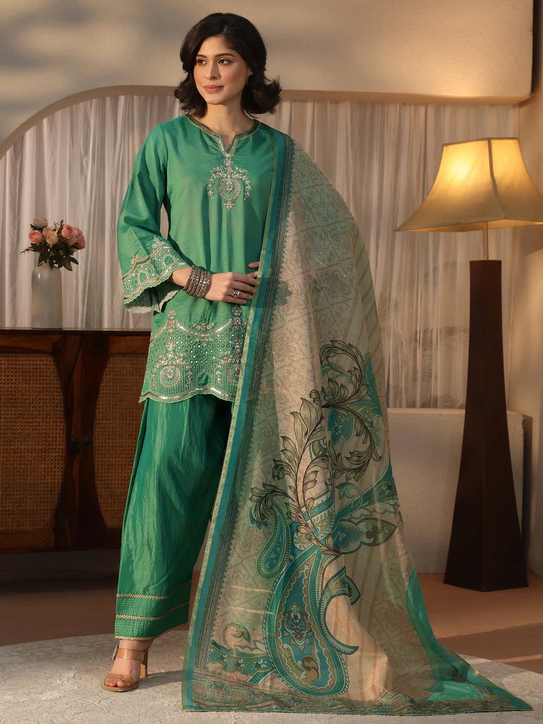  Libas Teal Blue Embroidered Silk Blend Straight Kurta Set 