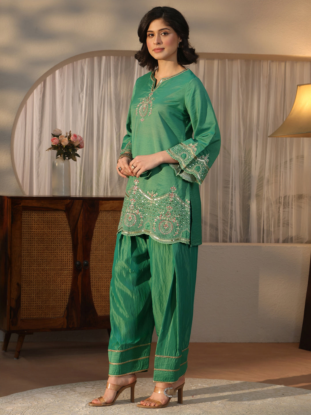  Libas Teal Blue Embroidered Silk Blend Straight Kurta Set 