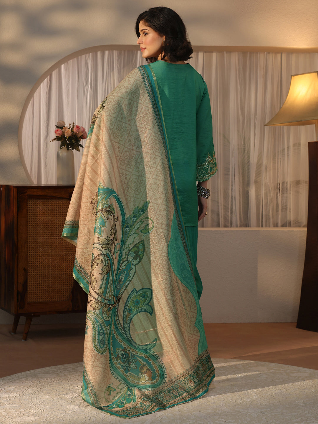  Libas Teal Blue Embroidered Silk Blend Straight Kurta Set 