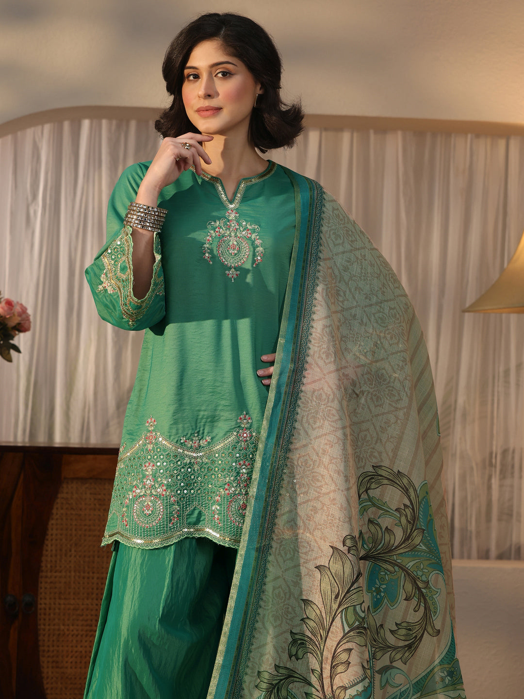  Libas Teal Blue Embroidered Silk Blend Straight Kurta Set 