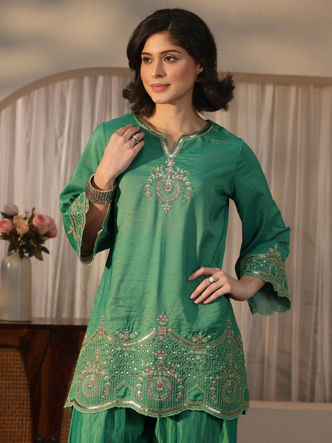  Libas Teal Blue Embroidered Silk Blend Straight Kurta Set 
