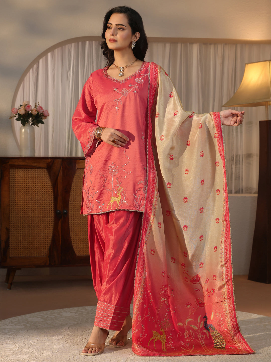  Libas Peach Embroidered Silk Blend Straight Kurta Set 