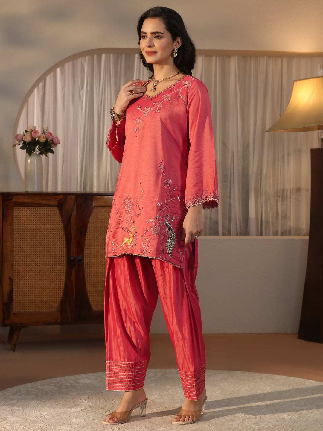  Libas Peach Embroidered Silk Blend Straight Kurta Set 