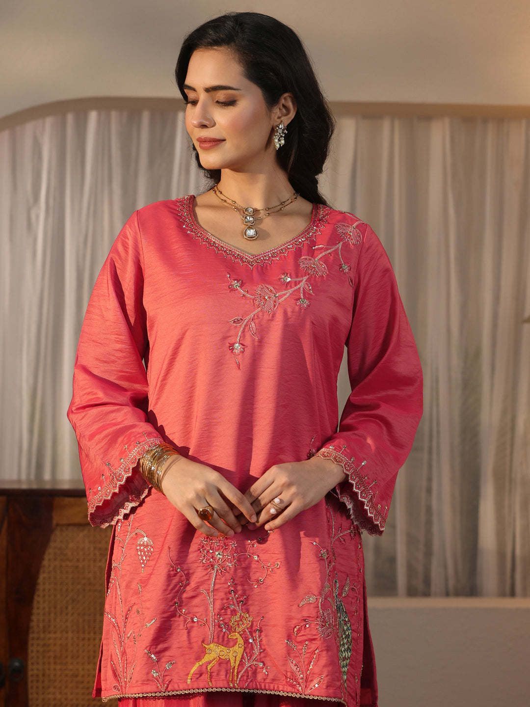  Libas Peach Embroidered Silk Blend Straight Kurta Set 