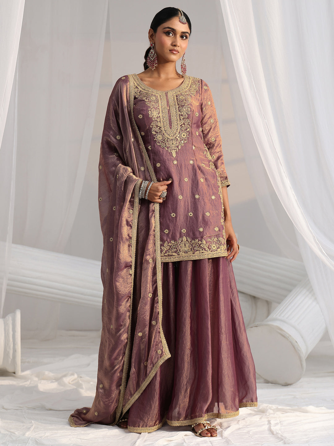  Libas Art Dusty Mauve Mirror Work Embroidered Palazzo Suit Set 