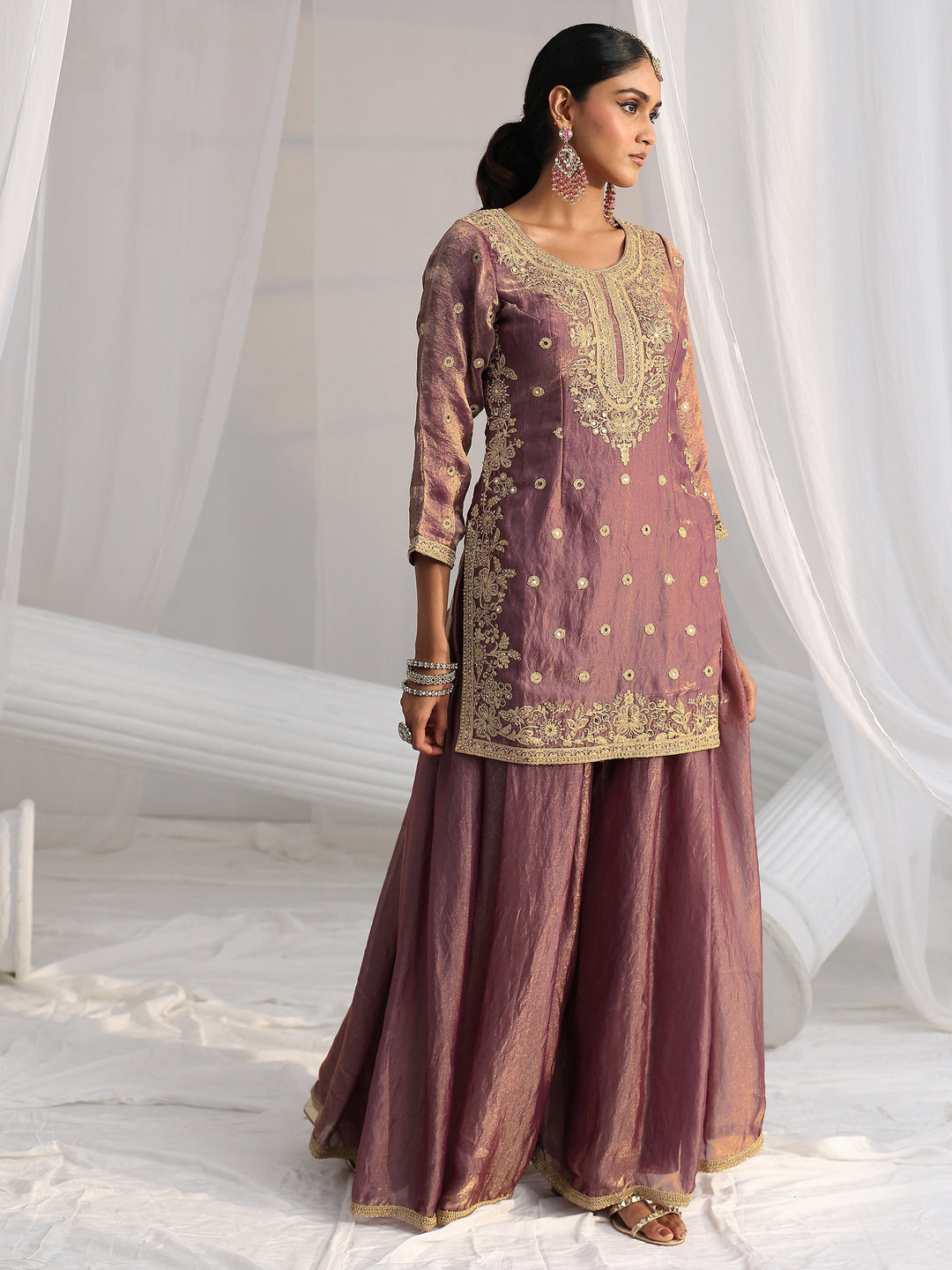  Libas Art Dusty Mauve Mirror Work Embroidered Palazzo Suit Set 