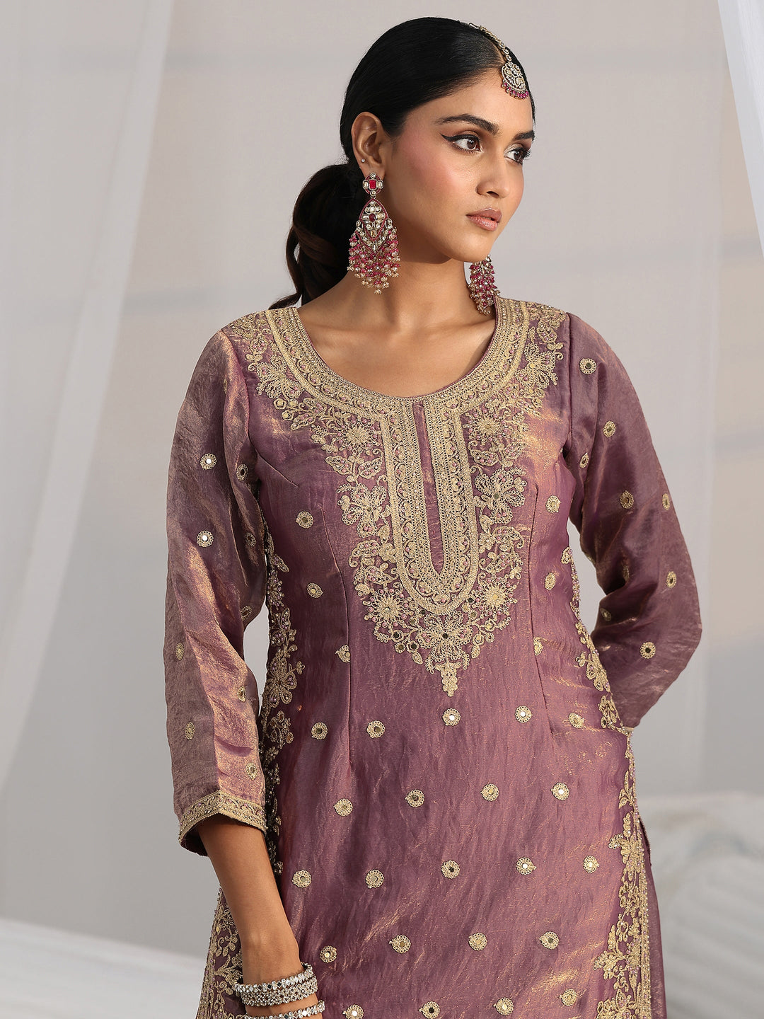  Libas Art Dusty Mauve Mirror Work Embroidered Palazzo Suit Set 