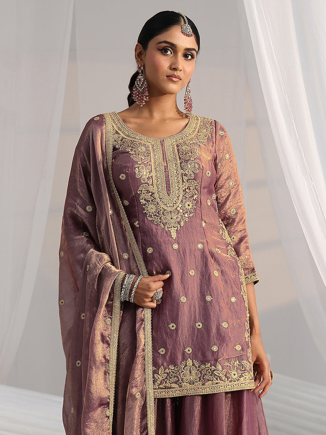  Libas Art Dusty Mauve Mirror Work Embroidered Palazzo Suit Set 