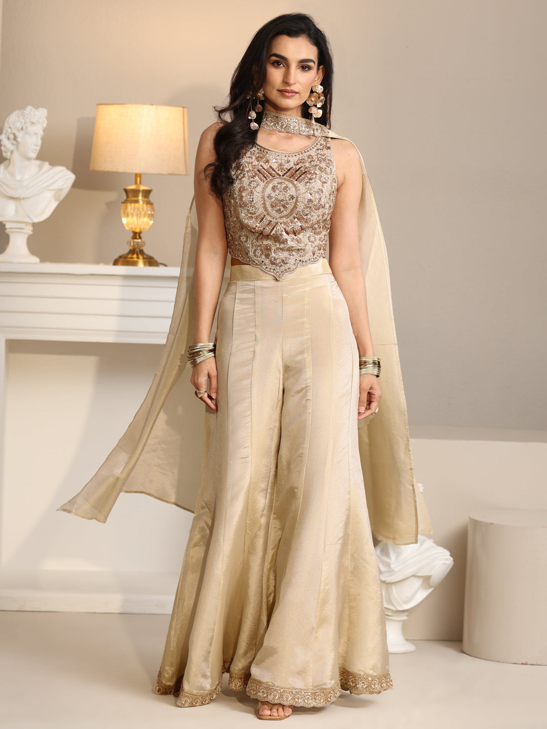  Libas Art Beige Embellished Tissue Crop Top and Palazzo Suit Set 